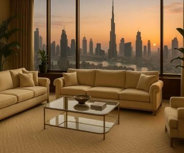 a living room with couches and a coffee table in dubai, flooring company in dubai
